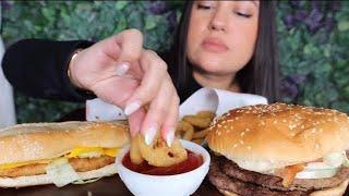 ASMR BURGER  MUKBANG DOUBLE WHOOPER WITH CHEESE ONION RINGS FRIES CHICKEN BURGER DIPPED IN 