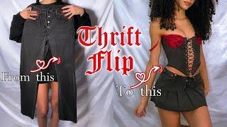 Thrift Flip- DIY denim bustier & denim pleated mini skirt  Jewel ivy