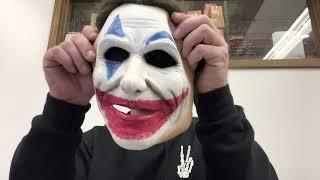 Trying on Crazy Jack Clown mask by Ghoulish