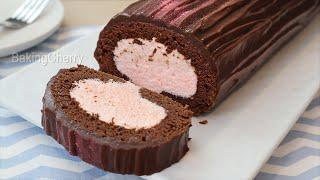 Soft Chocolate Roll Cake Filled with Strawberry Mousse  Dessert Recipe