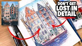 URBAN SKETCHING loose ink & watercolor tutorial  Easy Step by Step Process