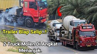 Truck Trailer Balap Selip Di Bukit Kodok Ban Menggasing Berasap.Dua Truck Molen Di Angkat Menanjak.