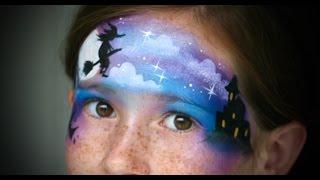 Halloween face painting with witch and bats - Halloween makeup tutorial