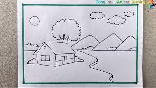 How to Draw a Scenery  Village House Scenery  Pencil Art