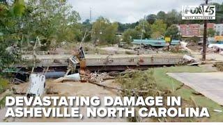 Drone video shows devastating damage in Asheville NC from Hurricane Helene flooding