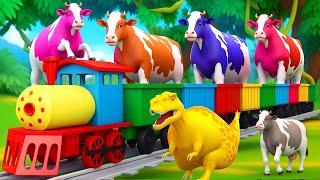 5 Color Cows Paint & Transform T Rex Train Transport  Epic Farm Animal Rescue Mission