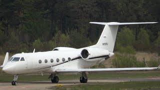 35 year old Gulfstream Great engine sound  N55PJ takes off from Farnborough. Runway 06.  22.04.24.