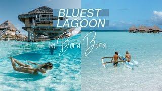 Overwater bungalows in Bora Boras bluest lagoon  French Polynesia Travel Vlog