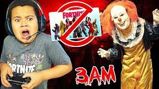 10 Year Old Little Kid Plays Fortnite At 3AM SNEAKING While GROUNDED **GETS SCARED BY SCARY CLOWN**