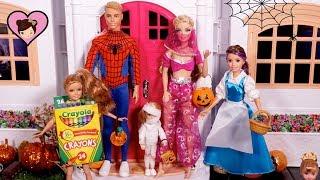 Barbie Dolls Trick or Treat  Halloween Costumes - Huge  Elsa & Anna Dollhouse City