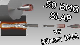 50 BMG SLAP vs STEEL ARMOR  Tung. Carbide Penetrator Against 50mm RHA  Kinetic Impact Simulation