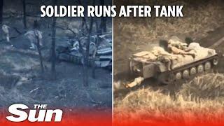 Russian soldier chases after tank in attempt to escape Ukrainian fire