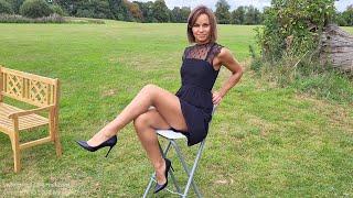 Anna Kravitz TRAILER Lace Black Dress Nylon Tan Pantyhose Tights Black Glossy Heels Review