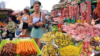 Cambodian street food at Phnom Penh Market - Delicious Plenty Khmer food Fruit beef Pork & More