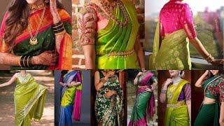 LATEST GREEN SILK SAREES WITH CONTRAST BLOUSE DESIGNS GREEN SAREES WITH CONTRAST BLOUSE IDEAS 2022