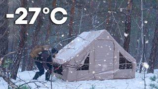 -27° Winter Camping With a Heated Tent - Snowfall and Frost  ASMR