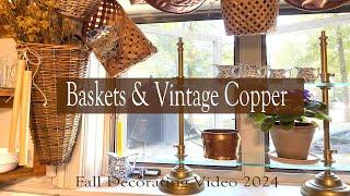 WEAVED BASKETS VINTAGE COPPER & BLUEWHITES  MAKING A KITCHEN WINDOW VALANCE FOR FALL