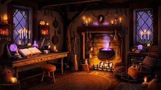 Cozy Witch Cottage - Halloween Ambience with Fireplace Rain & Distant Thunder for Relaxation