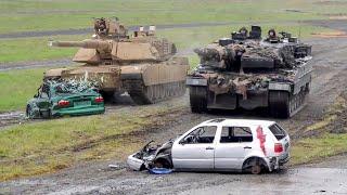 Monstrous German and US Tanks Crushing Cars During Tank Competition