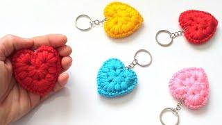 SUBTİTLED  PUFF PUFF CROCHET HEART KEYCHAİN  KALPLİ ANAHTARLIK llavero de corazón de ganchillo