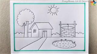 Sundor Village Scenery Drawing  Very Easy Drawing for Beginners