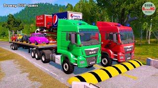 Double Flatbed Trailer Truck cars vs rails tractor vs train cars vs bollards Beamng Drive 407