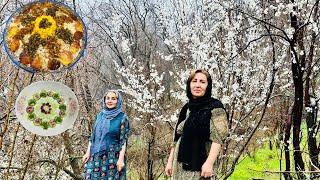 Reshteh Polo Iranian food in a beautiful village and spring weather that ended with rain