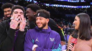 LaMelo Ball shows off during Seth Curry Postgame Interview 