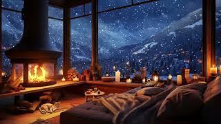 Snowstorm Breathtaking View Crackling Fire & Cats - Winter Ambience for Sleep Relax or Study