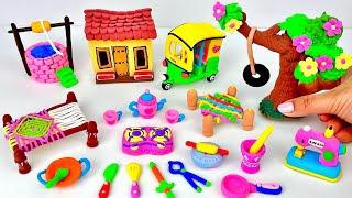 DIY How to make polymer clay miniature house kitchen set Water well Rickshaw tree Charpai