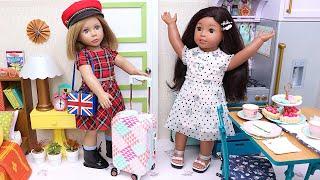Doll friends tea party sharing stories from London trip Play Dolls travel routine