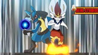 Pokemon Journeys Cinderace And Lucario Used A Combo Attack Of Pyro Ball And Aura Sphere.