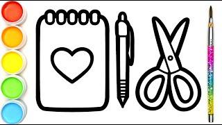 menggambar dan mewarnai peralatan sekolah buku pulpen gunting untuk anak-anak