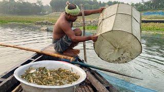 River Fishing with Beautiful Nature - Fish Trap in Net Box - Tiny Fish Catching System
