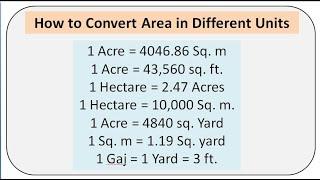 Area conversion  hectare  Acre  sq. m.  sq. ft.  Yard  Gaj  ft to m   sq ft to gaj