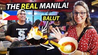 FILIPINO STREET FOOD in MANILA First Time Trying BALUT  Ugbo Street Tondo