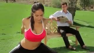 Young yoga girl boobs bouncing after music