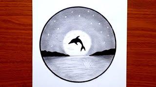 How to Draw a Dolphin on the Sea with a Full Moon - Easy Pencil Drawing Landscape