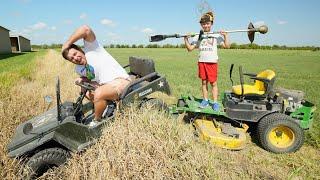 Hudson Saves Kids Truck and Fixes Flat Lawn Mower Tire  Tractors for kids