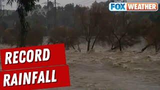 Record Rainfall Flooding Roads Causing Mudslides In Los Angeles During Atmospheric Storm