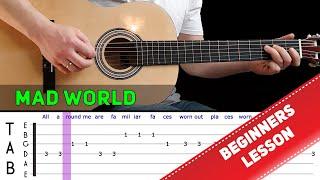 MAD WORLD  Easy guitar melody lesson for beginners with tabs - Gary Jules