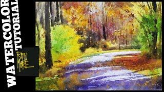 Easy Autumn Landscape Painting Watercolor Tutorial  WATERCOLOR PAINTING .