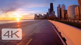 Chicago lakefront virtual bike ride during spectacular sunrise. 4K
