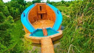 How to build a big bamboo resort house with swimming pool and twin water slide garden on the water.