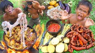 Wilderness cooking -Cook piGintestinevs vegetabLes injugle at lake -eating delicious -mr eat #000174