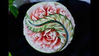 Wonderful leave and rose design watermelon carving  By chef namtarn
