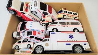 Ambulance minicars lined up in boxes. Check run on the slope Emergency driving test Working car