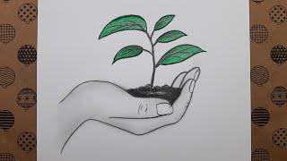 Yeşili Sev Ağaçları Koru El İçinde Fidan Çizimi Adım Adım Nasıl Çizilir Çizim Hobimiz Resimleri