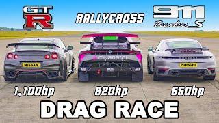 1100hp GT-R v 911 Turbo S v Rallycross DRAG RACE