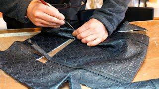 The process of turning an old luxury Gucci bag into a new clutch bag. Korean leather engineer.